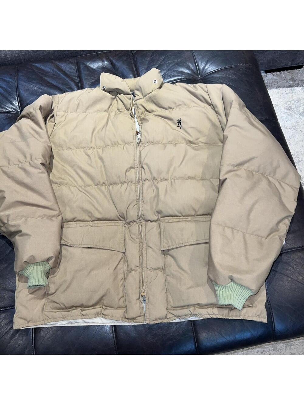 Vintage Browning Goose Down Puffer Jacket Mens Large Tan Hunting